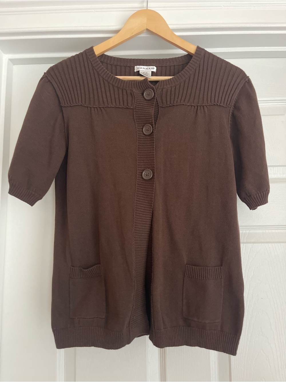 100% cotton Hannah Chocolate Brown Short-Sleeve Button Front Cardigan